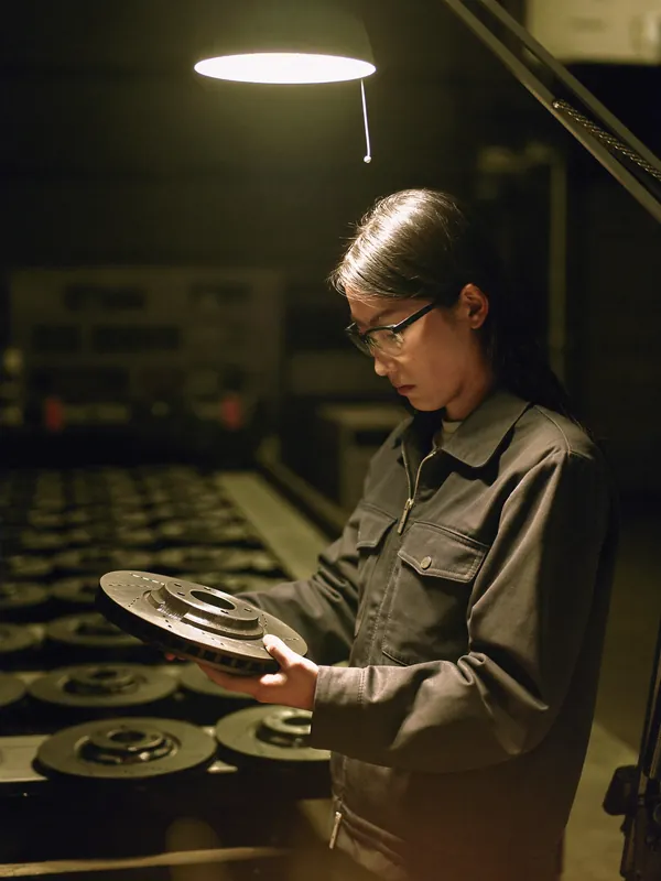 AI concept image: an inspector examining a machined brake disc
