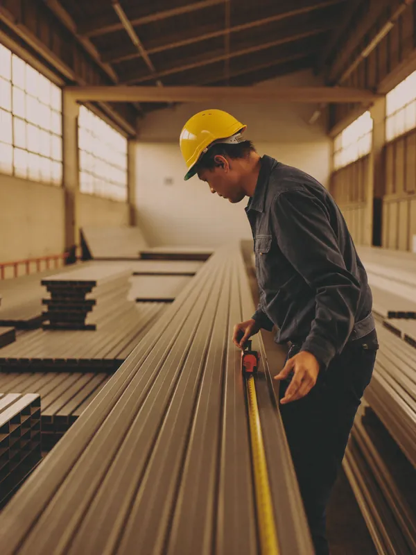 AI concept image: a worker measuring an aluminium extrusion profile